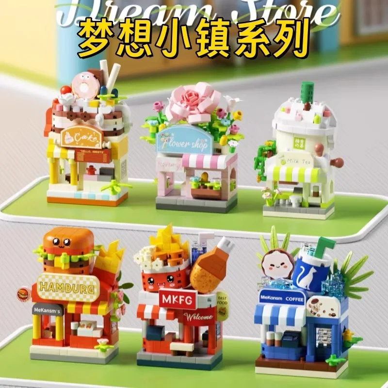 

Dream Town Selling Cars Fresh Flower Shop City Street View Building Blocks Children'S Puzzle Toys Room Desktop Decoration