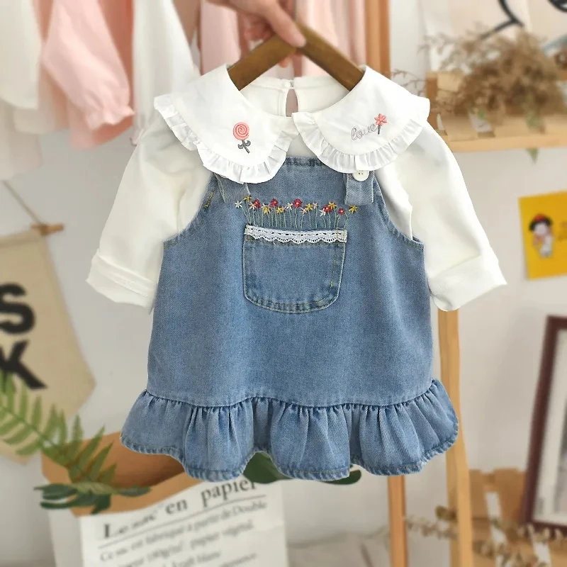 

Girls Dress Suit New Spring and Autumn Children's Denim Suspender Skirt Long-sleeved Shirt 2-piece Set Girl Baby Clothes Suit