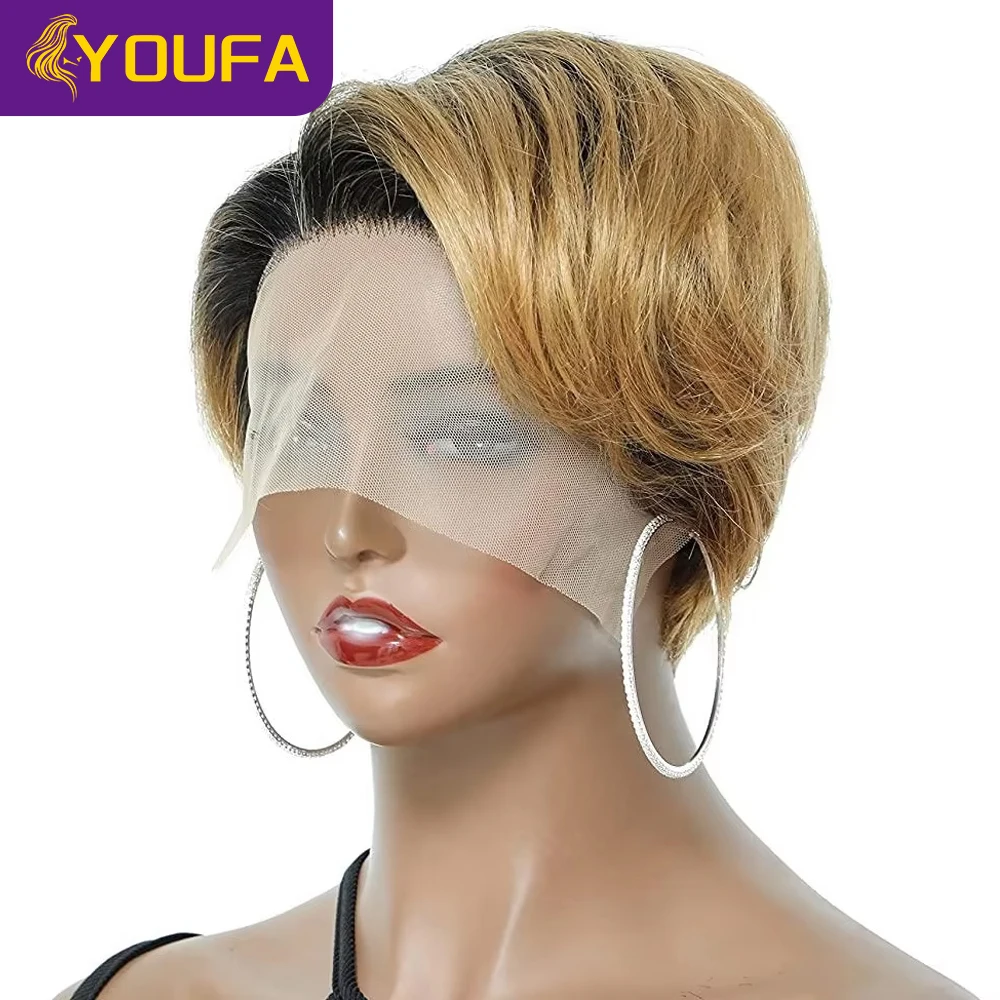 Ombre Blonde Pixie Cut Bob Lace Front Wigs Pre Plucked Dark Roots 1B/27 Color Short Bob Human Hair wigs 13x4x1 T Part Lace Wigs