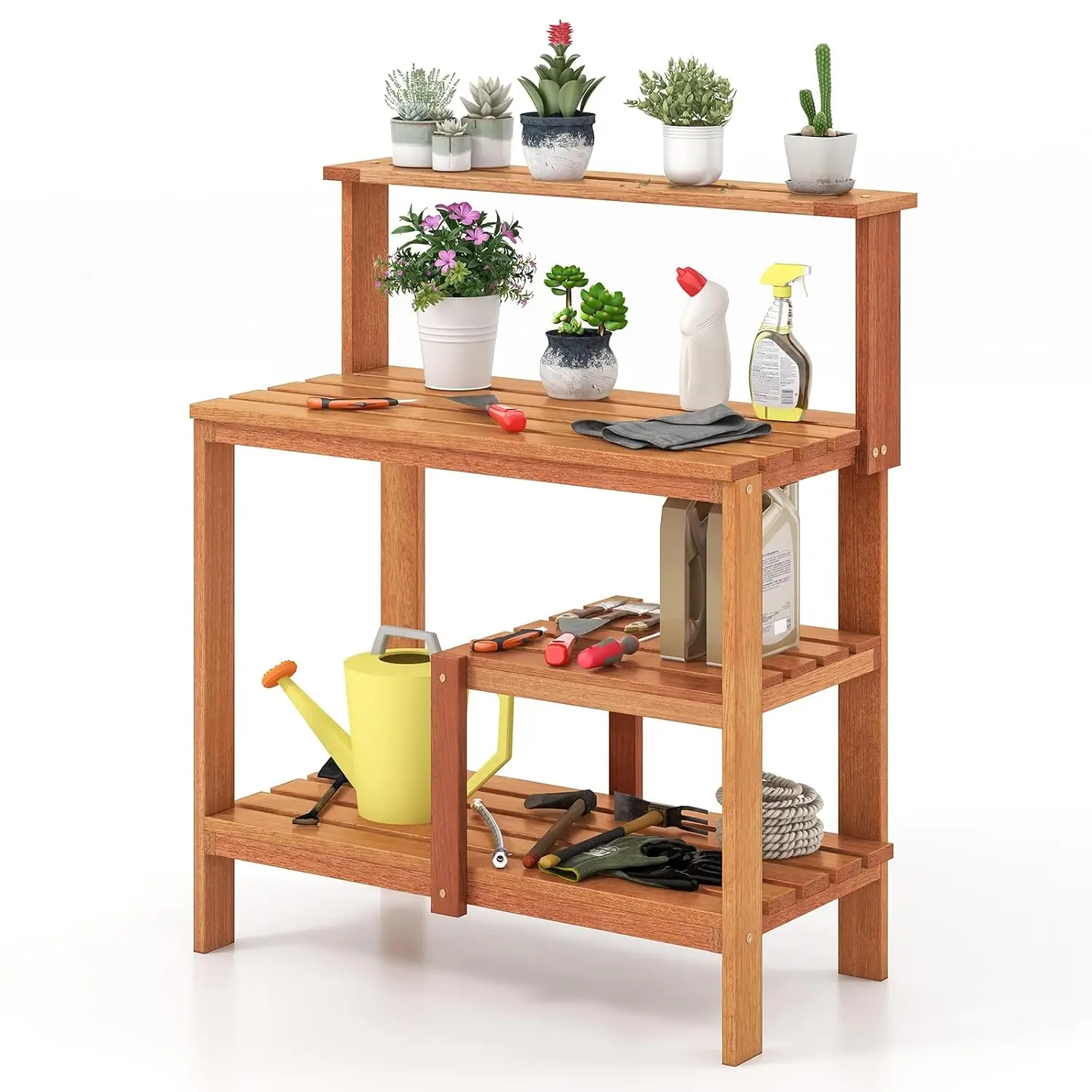 4-Tier Potting Bench, Solid Wood Gardening Workstation w/Open Storage Shelves, Teak Oil Finish, Outdoor Potting Table for Garden