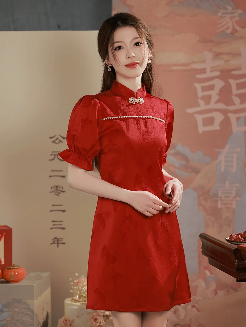 

2023 Spring and Summer New Chinese Cheongsam Short Section Stand Collar Retro Women's Dress Mini Qipao Wedding Party Dress