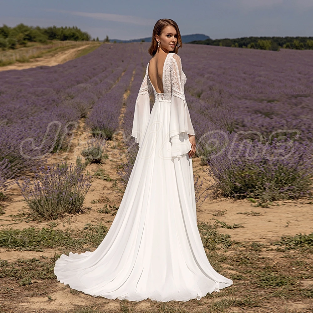 Boêmio boho vestido de casamento personalizado manga alargamento com decote em v renda praia vestido de noiva sem costas uma linha dividir chiffon vestidos de noiva