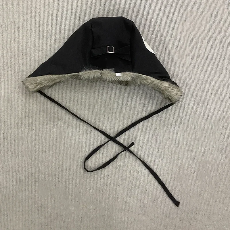 Y2K Star Patch Wool Like Lined Lei Feng Hat Unisex Black Autumn Winter Warm Ear Protection Trapper Hat for Outdoor Activities