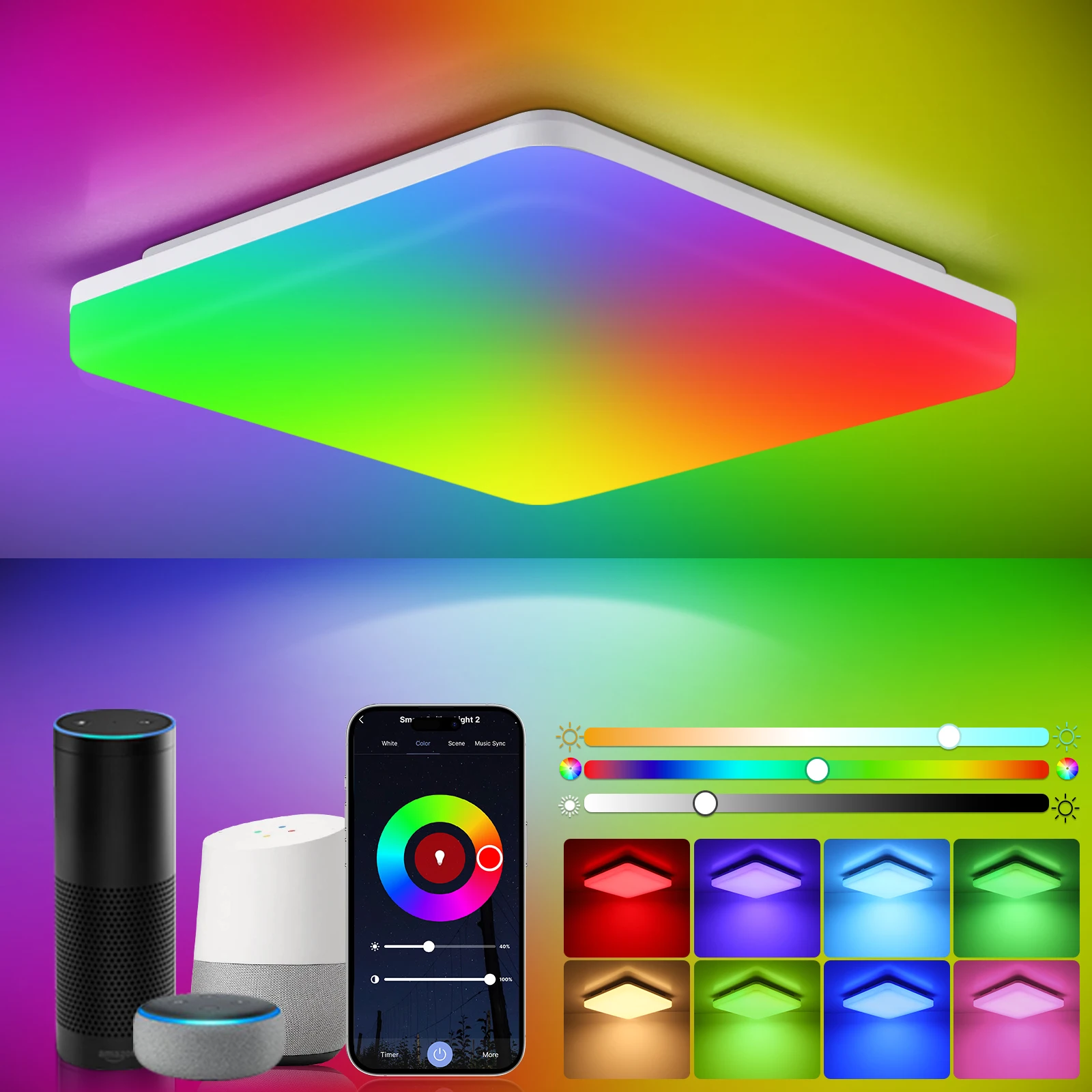 WLAN-Smart LED-Deckenleuchte, RGB &amp; Weiß (2700–6500K), dimmb...