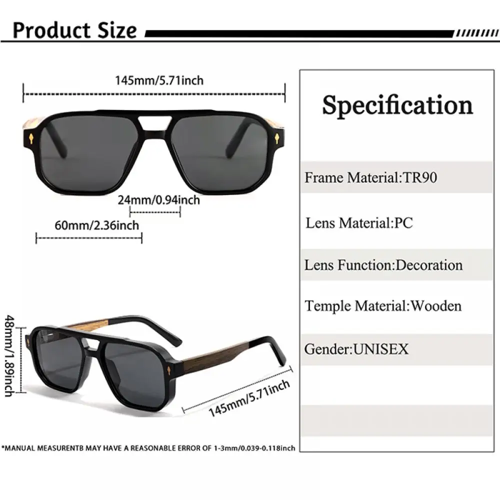 CATERSIDE Modische polarisierte Sonnenbrille für Herren, Holzbeine, flaches Doppelbrücken-Design, Sonnenbrille für Damen, Outdoor-Sommerbrille – Detail 2