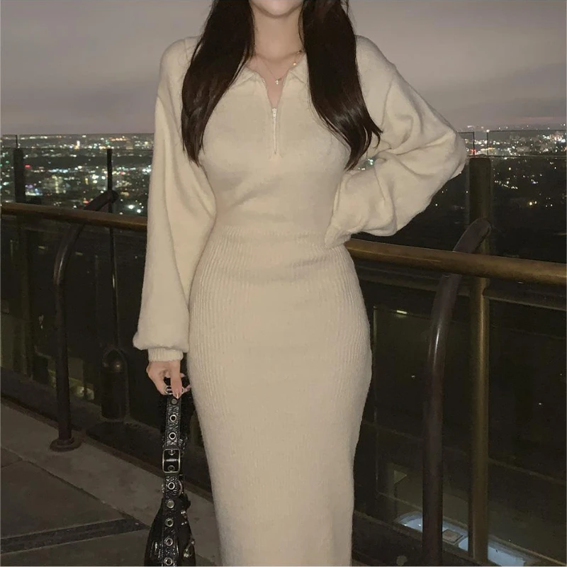 

Women Autumn Knitted Dress V Neck Sexy Slim Dress Solid Casual Sweater Dress for Women Knit Bodycon Dress Autumn Winter 2023