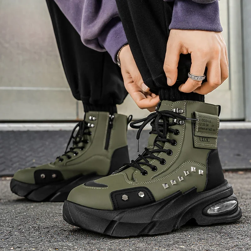 High Top Outdoor Sports Sneakers Mens Leather Casual Shoes Thick Soled Height Increasing Short Boots Men Shoes Zapatos De Hombre