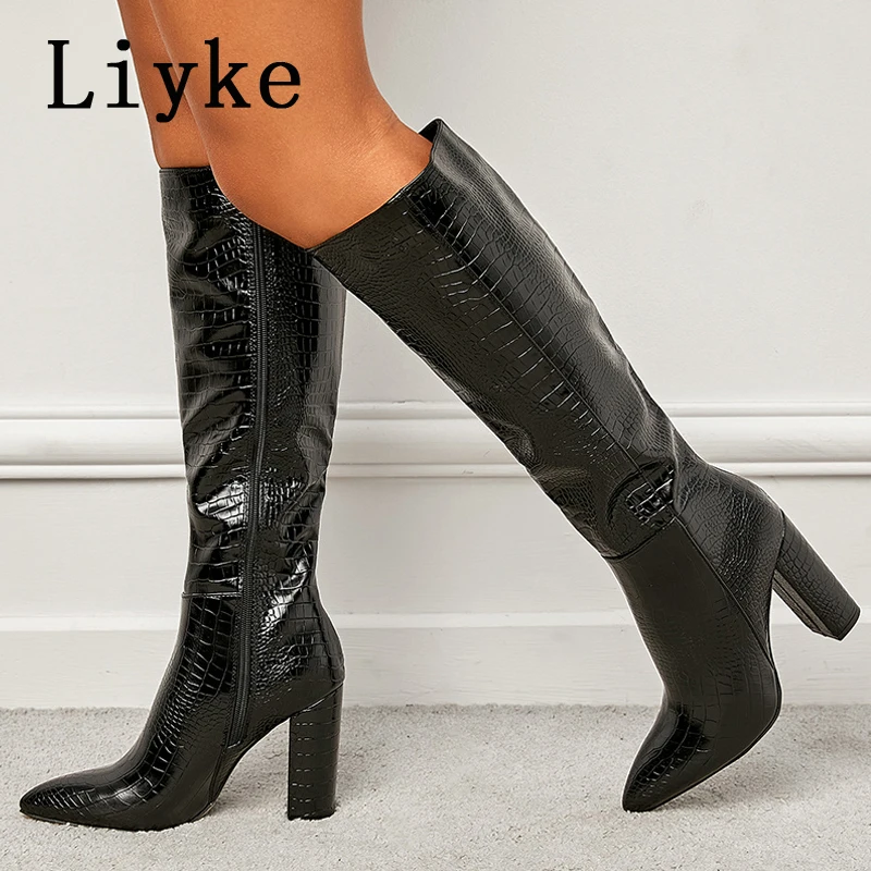 Liyke Fashion White Women Knee High Boots Sexy Snake Print Leather Pointed Toe Square Heels Ladies Long Booties Zip Female Shoes