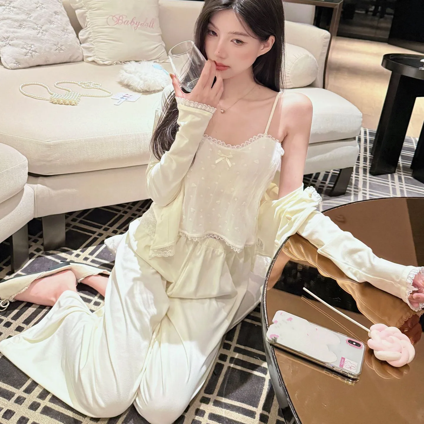 Sexy Velvet 3Pcs Pajamas Set Patchwork Lace Trim Cami Trouser Pijamas Suit Autumn Winter Sleepwear Casual Pyjama