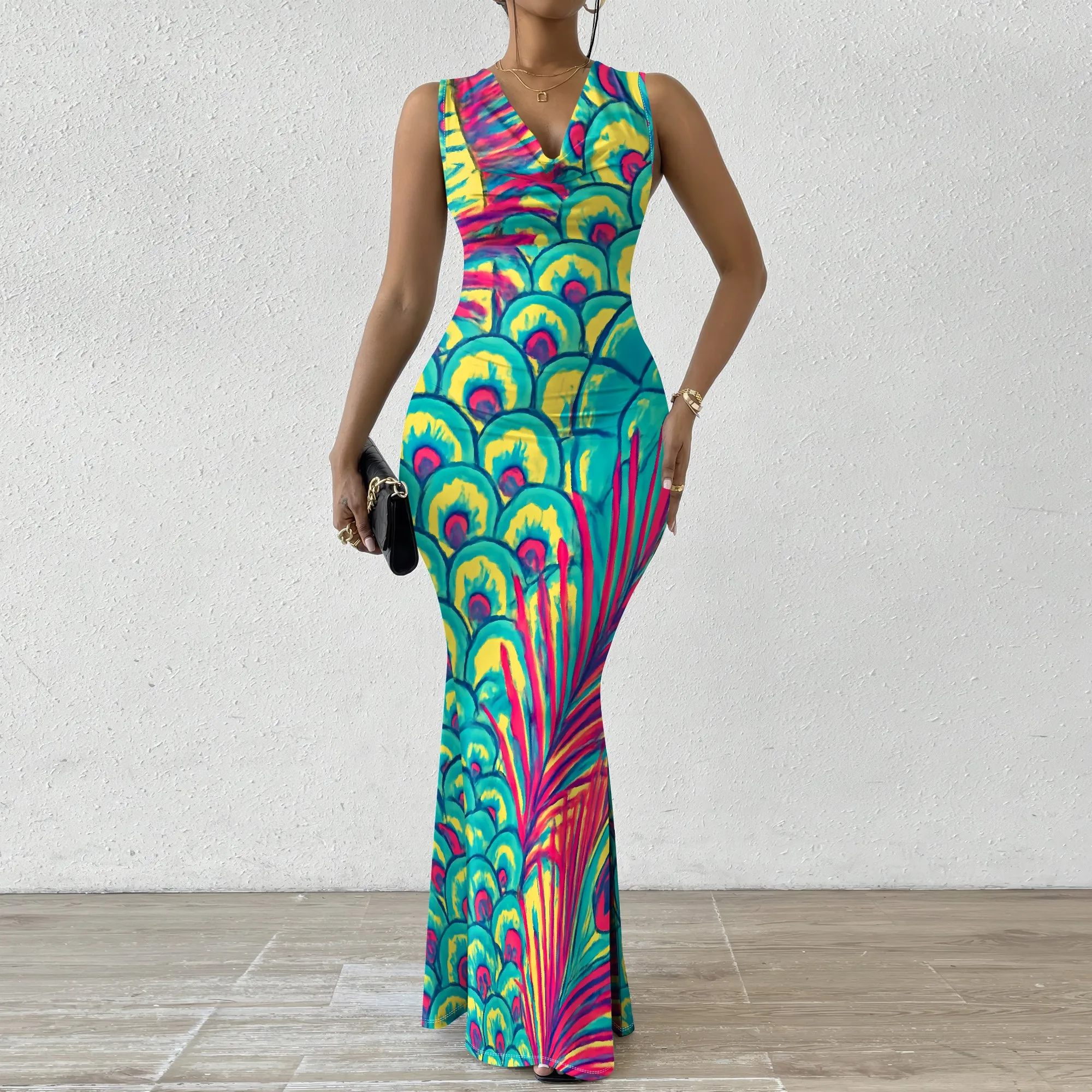 

Bold Peacock Print Maxi Dress for Women XS-2XL Afro-Boho Style Sleeveless V-Neck Bodycon Dress for Festival & Events