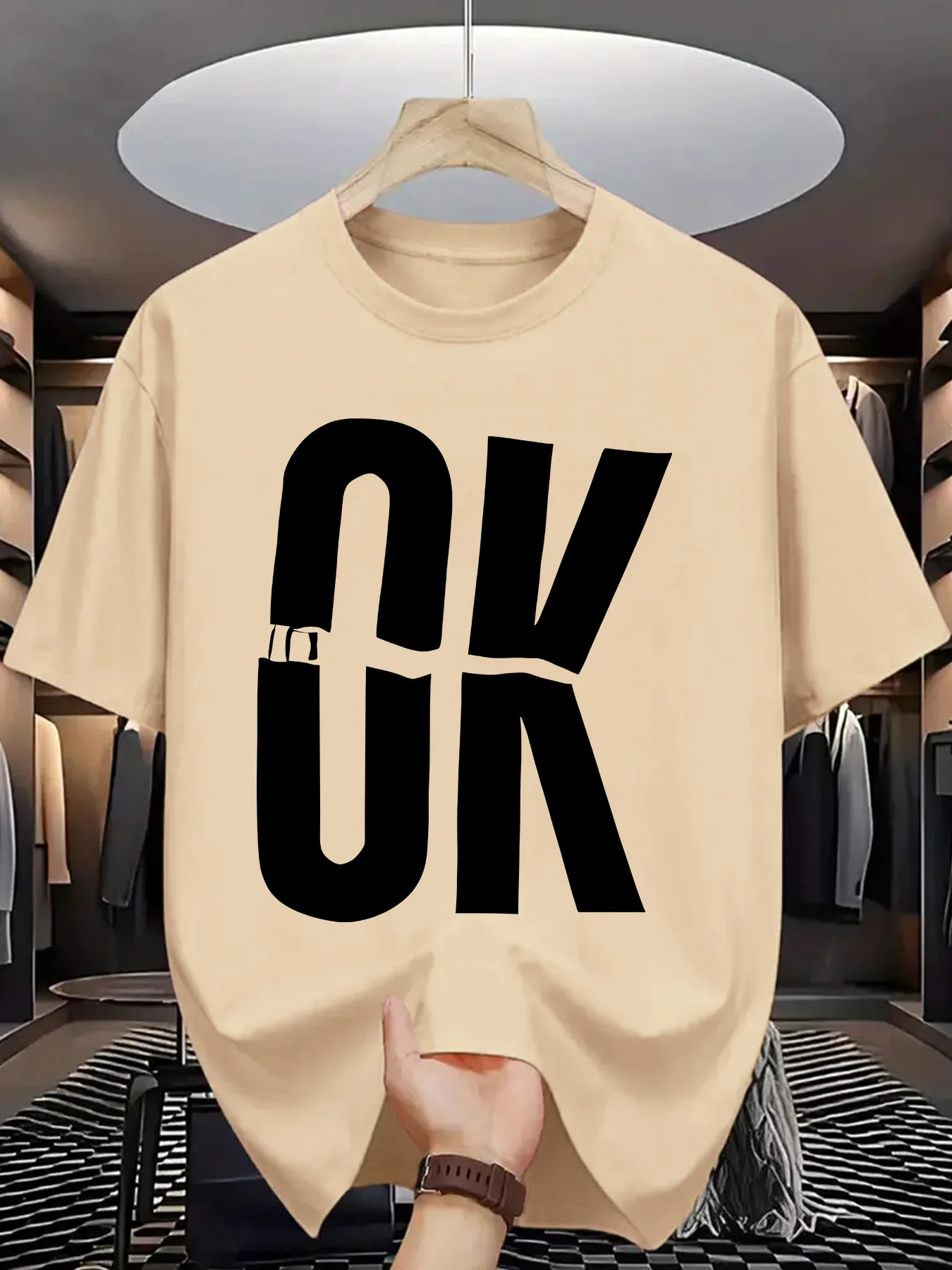 Trendy Letter Men Short Sleeve Tshirt Ok Uk Distorted Bold Typography O Neck Tee Simple Slogan Male Casual Fashion Tops