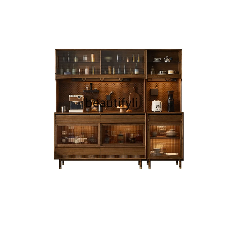 Nordic Solid Wood Sideboard Black Walnut Home Wall Multi-Function Storage Display Wine Cabinet Tea Cabinet