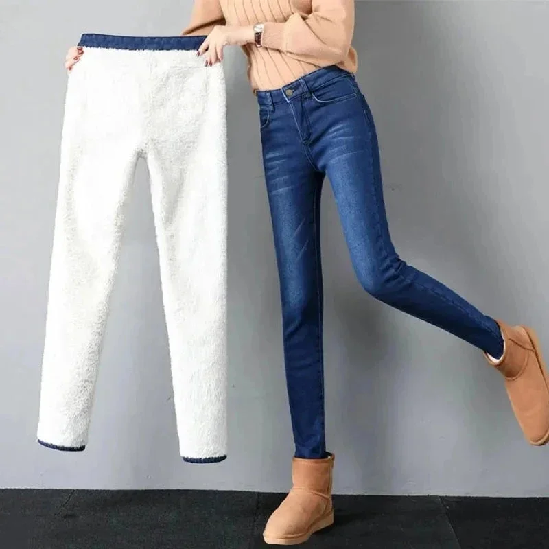 

Winter Lamb Fluff Denim Pencil Pants Women Thicken Big Size Jeans High Waist Stretch Jeansy Fleece Lined Warm Slim Pants W25