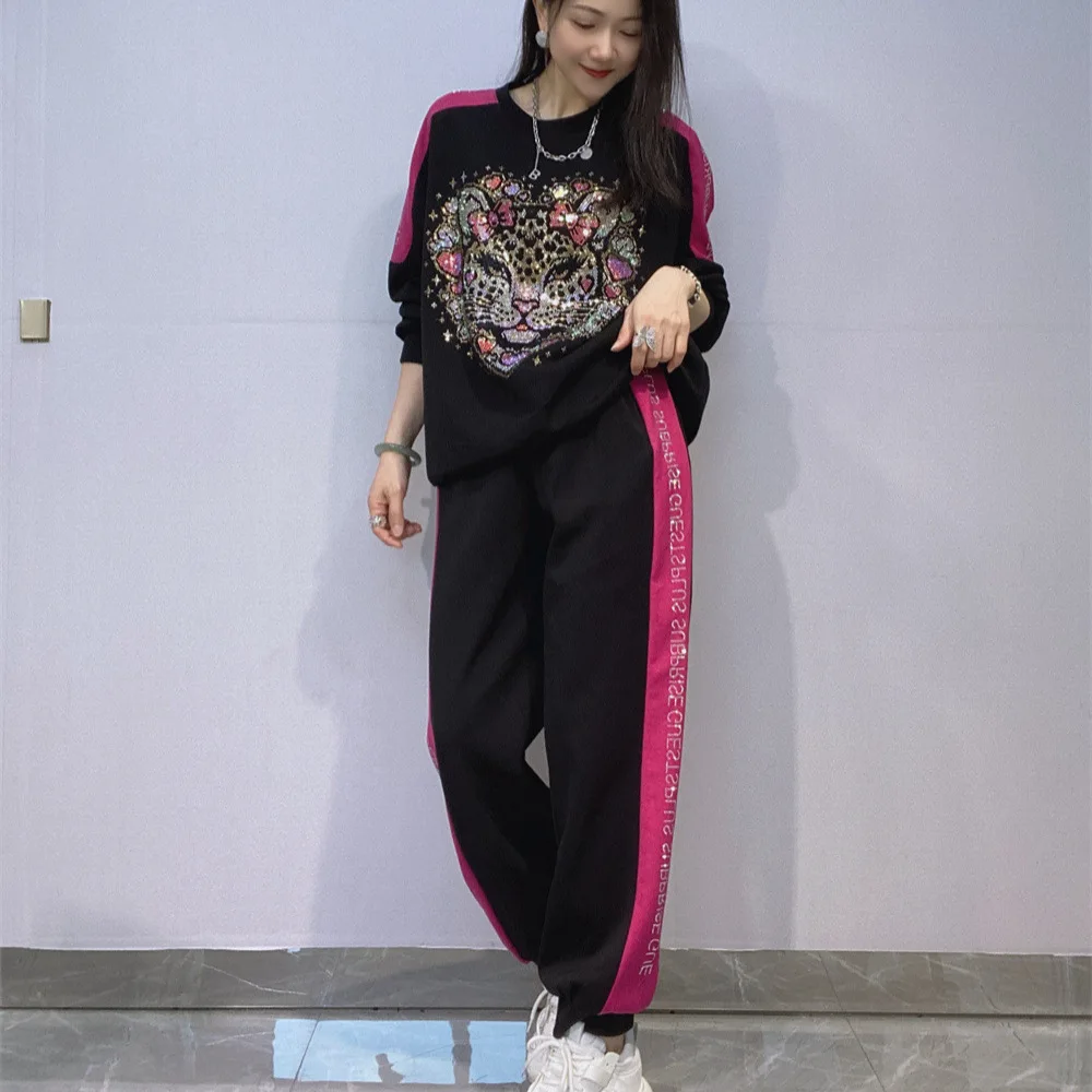 

Large Size Autumn Women Two-piece Set Shiny Hot Drilling Long Sleeve Pullover Hoodie Top + Casual Sports Harem Pants Female Suit