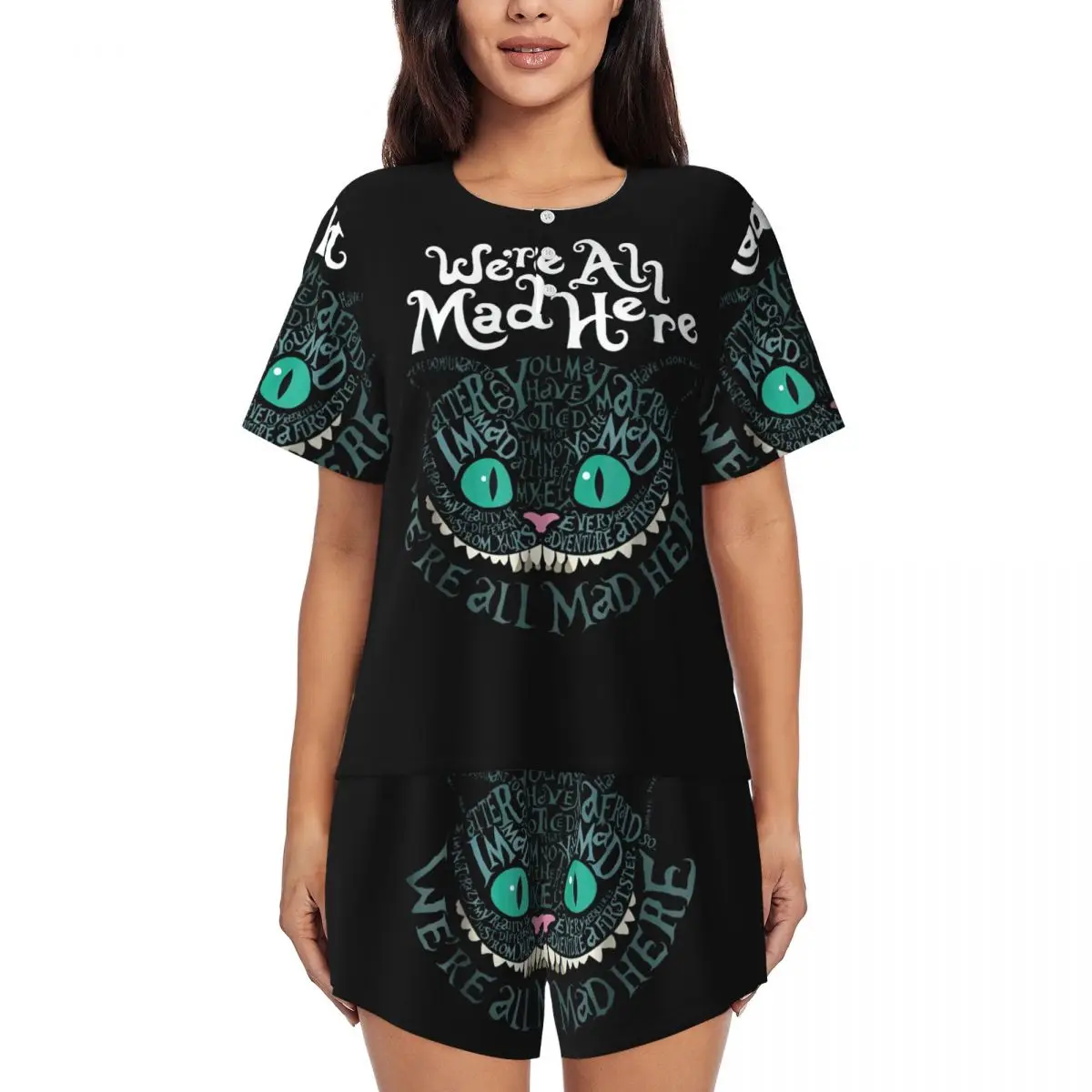 

Пижамный комплект на заказ We're All Mad Here, женские комплекты из 2 предметов с короткими рукавами, одежда для сна с котом, домашняя одежда, пижамные шорты, комплекты