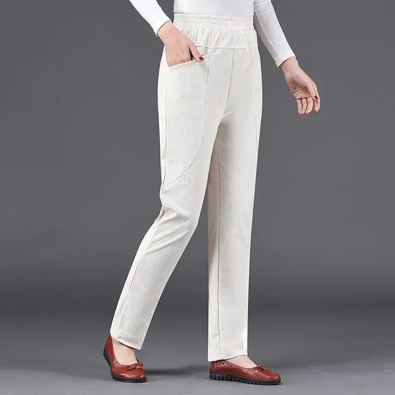 Pantalon droit en velours côtelé pour femme, taille unie, poche, chaud, radis d'âge moyen, décontracté, coréen, automne, hiver, nouveau, fjZ254