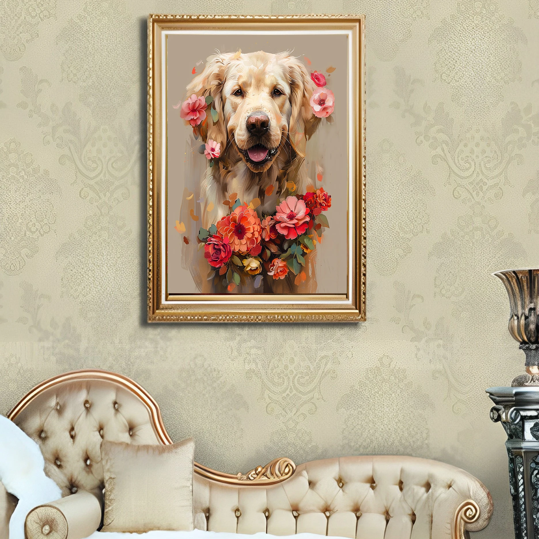 Cross Stitch Embroidery Kit Flowers Yellow Fur Dog Animal Thread Drawing DIY Needlework Kit Quantity Printed on Canvas11CT