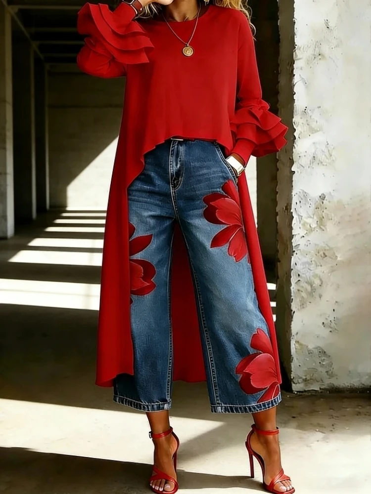 Elegant Casual Solid Color Shirts Women O Neck Butterfly Sleeves Irregular Long Blouses Tops Temperament Lady Commuting Clothing