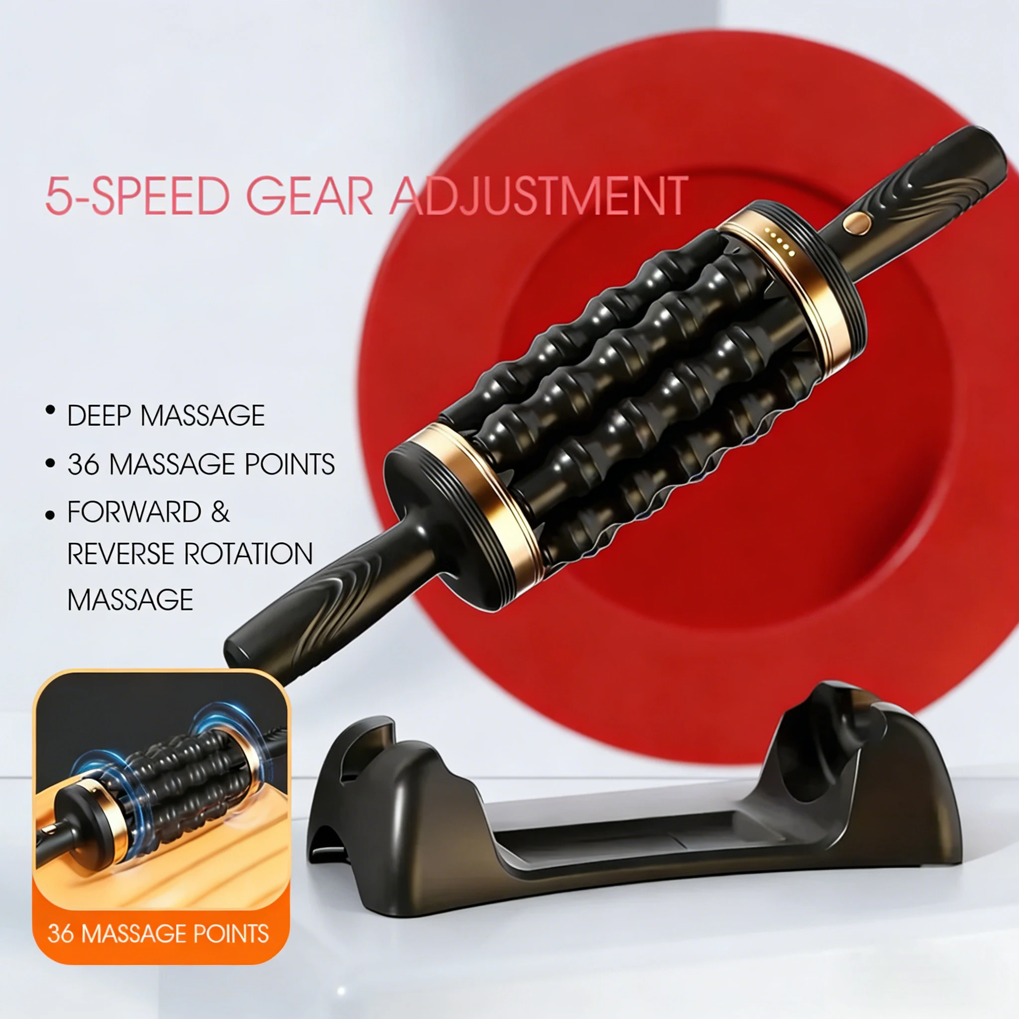 Rechargeable Rolling Percussive Massager with 36 Massage Points, Handheld Roller with Base for Foot, Back, and Leg Muscle Pain