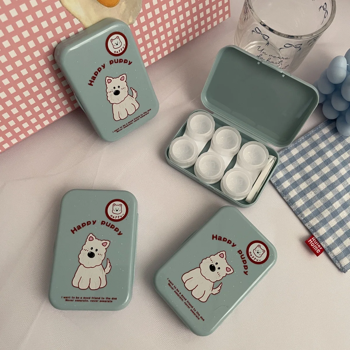 حافظة عدسات لاصقة كرتونية لطيفة محمولة AS949 صندوق تخزين العدسات اللاصقة مع ملاقط حافظة العناية بالعدسات اللاصقة المدمجة للسفر #6