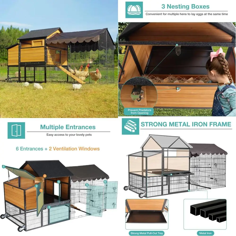

Sturdy Steel Frame Chicken Enclosure for 6-8 Hens with Nesting Area, Metal Run, and Waterproof Cover
