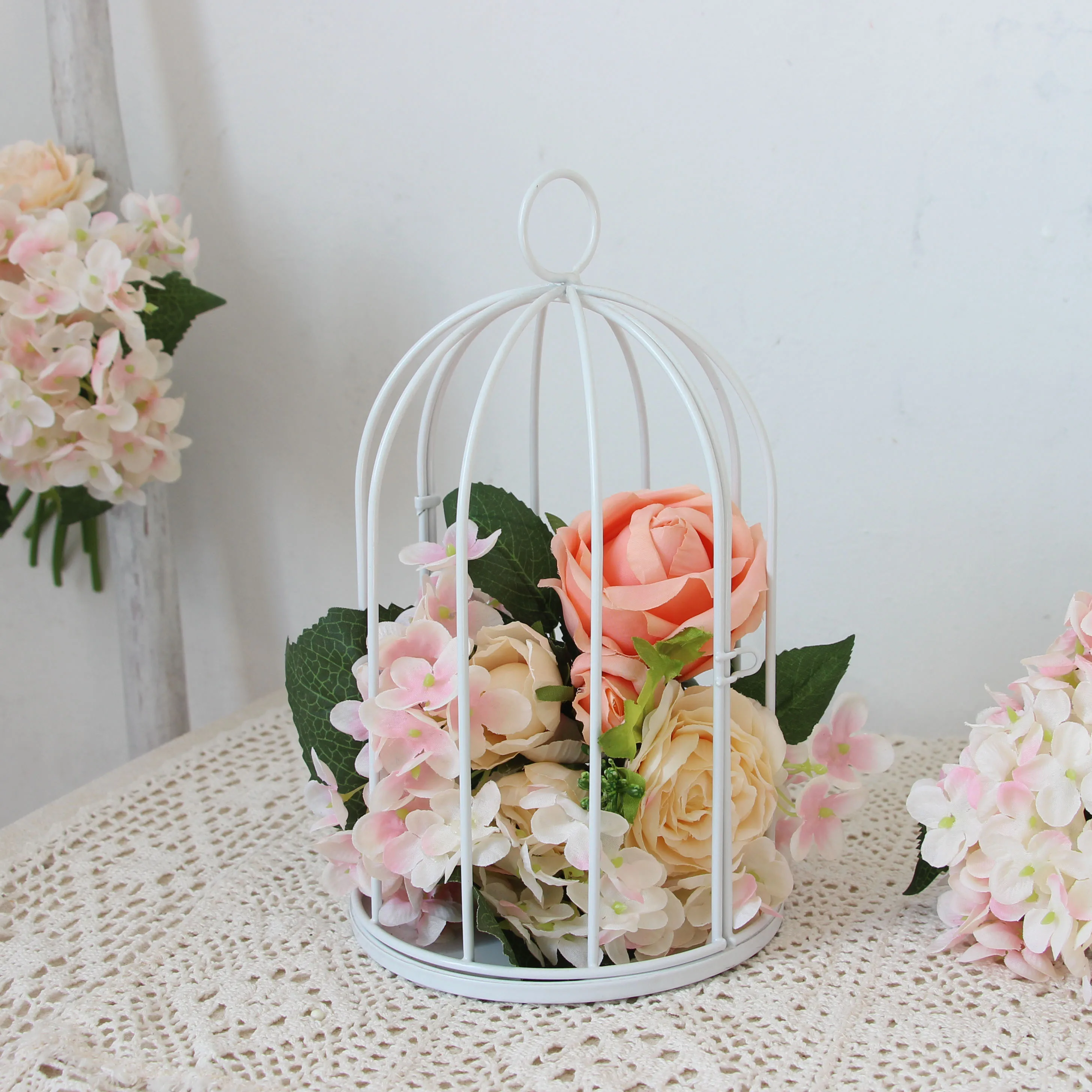 white Outdoor Modern iron garden metal birdcage line cage with Bird decoration hanging flowerpot succulent plants