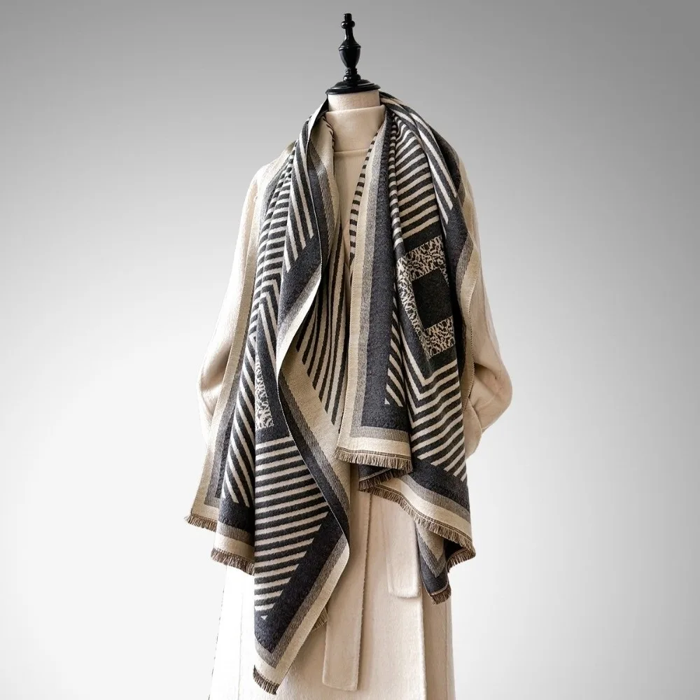 

Элегантный роскошный шарф из искусственного кашемира, двустороннее теплое одеяло из пашмины, толстая ветрозащитная женская зимняя шаль, зимняя