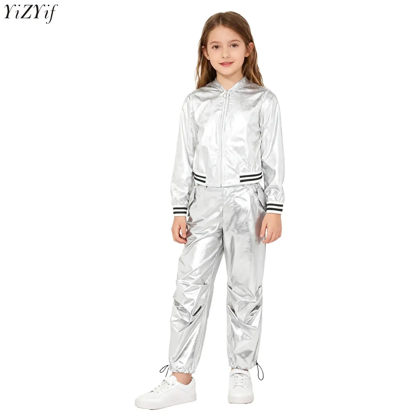 

Детский костюм для танцев: блестящая металлическая куртка-бомбер с длинными рукавами и брюки-карго для балета, стрит-дэнса, латины, хип-хопа, джаза