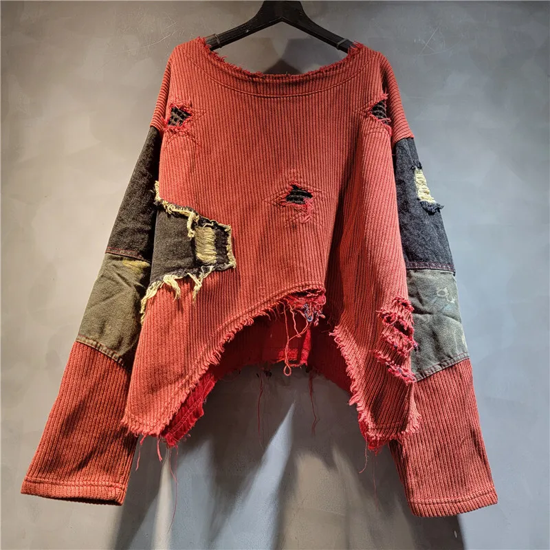 WTHT 패션 신상 여성용 불규칙 패치워크 홀 루즈 스웨터 2025 가을 트렌디 O넥 긴팔 풀오버 여성용 1LS2564