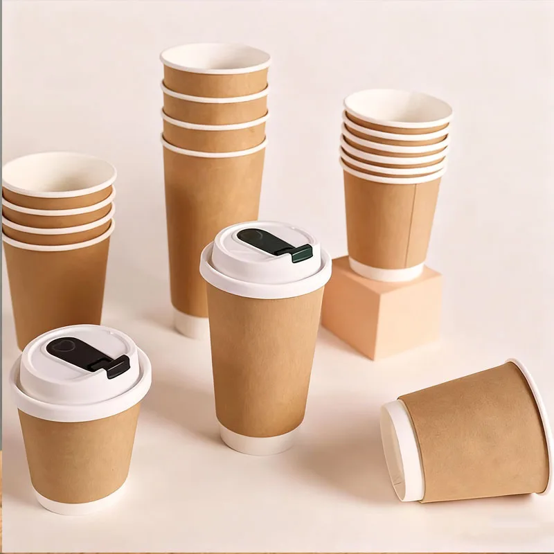 50 Stuks Geïsoleerde Kraftpapier Koffiekopjes Wegwerp Dubbelwandige Papieren Bekers Pp Deksels Cafés Office Home Party Activiteit Papieren Bekers