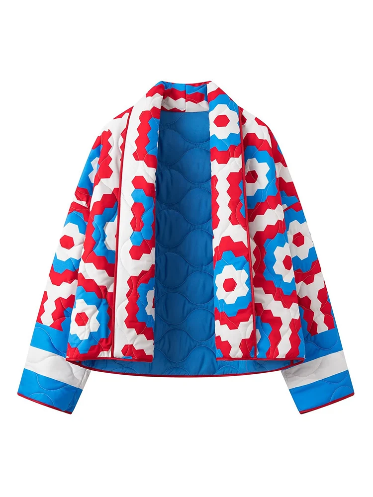 Fashion Print Kimono Coat for Women Quilted Long Sleeve Warm Cotton Jacket Female Streetwear Ladies Chic Cardigan Blue Outerwear