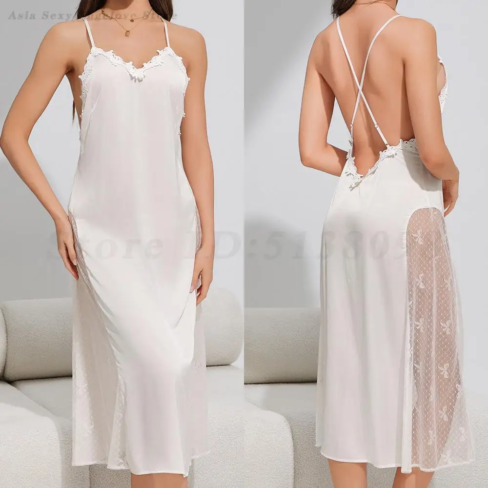 Female Long Nightgown Robe Set Chemise Sleepwear Home Dressing Gown Sexy Patchwork Lace Bathrobe Backless Nightdress Nightwear