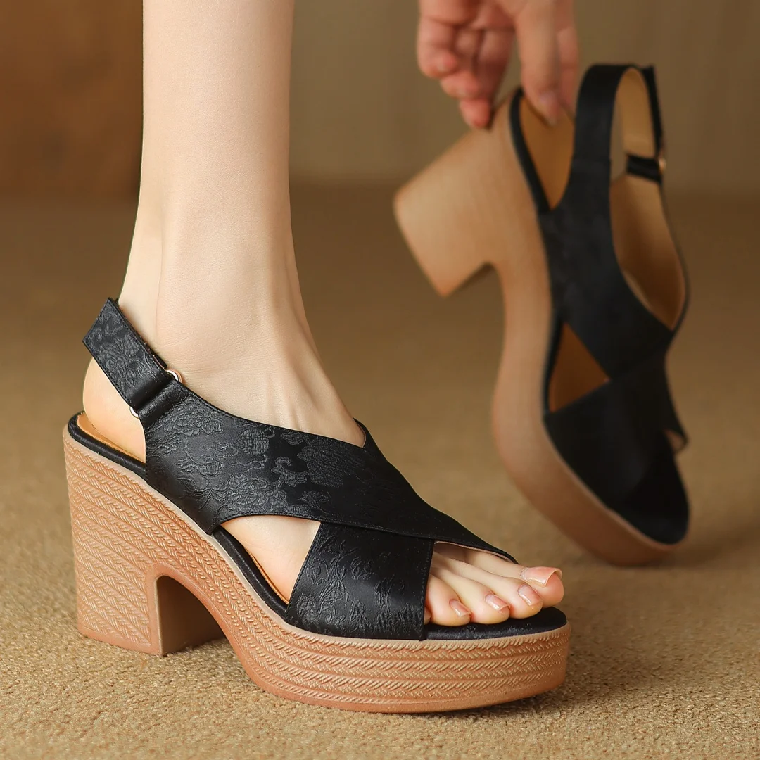 2024 Summer new women's New Chinese style silk cowhide chunky heel platform sandals 8cm high heel elegant ladies pumps shoes hot