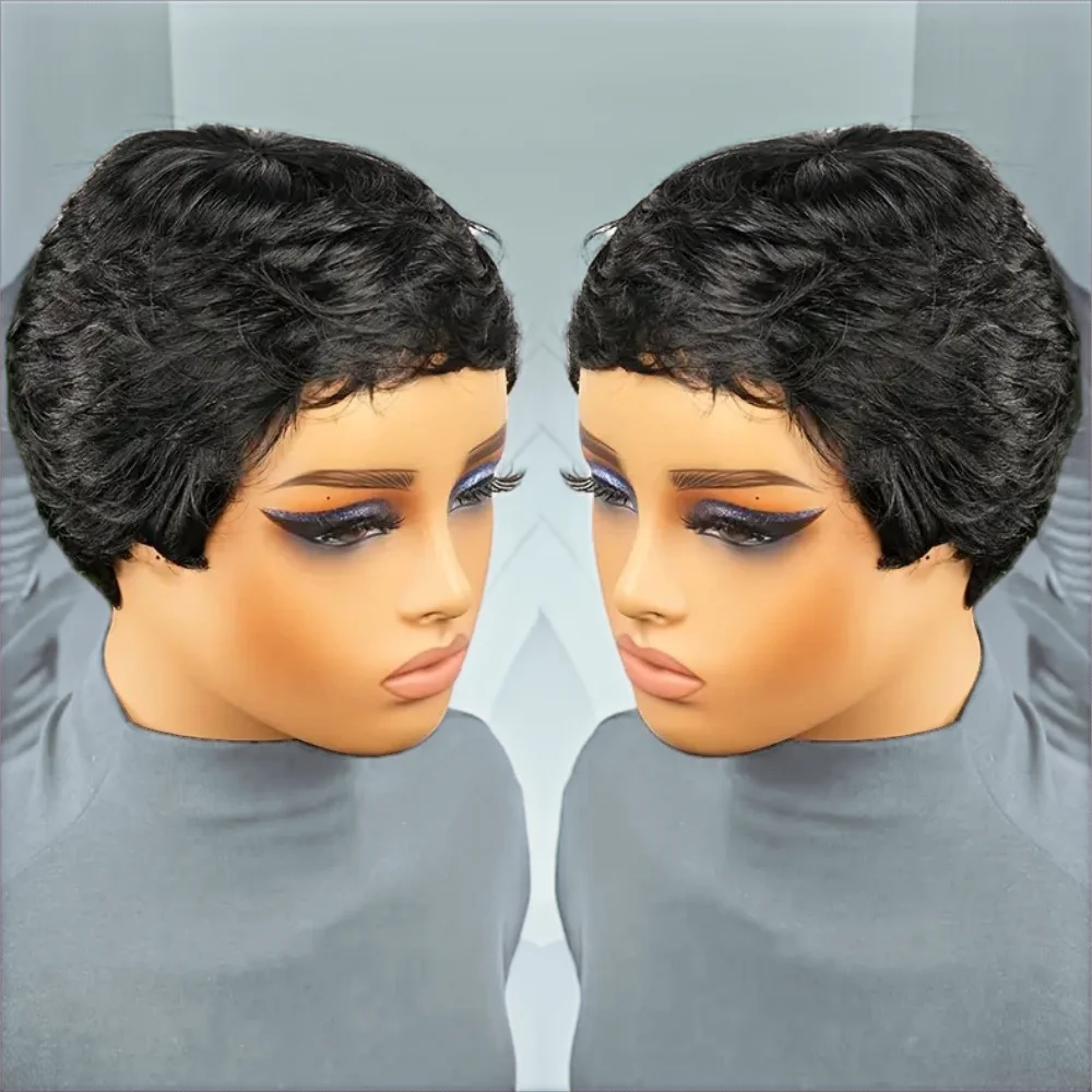 흑인 여성을 위한 짧은 픽시 컷 가발 인모 여름 가발 앞머리 포함 풀 머신 메이드 가발