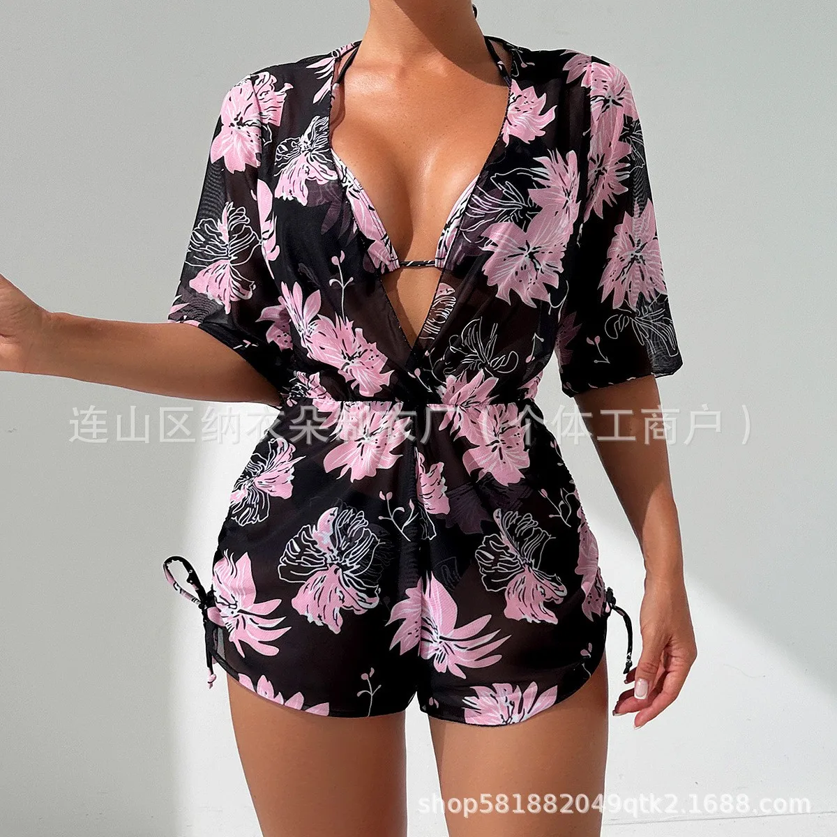 

Floral Print V Neck Tunic Printed Beach Women's Cover-up Short Sleeve Swim Wrap Style Drawstring