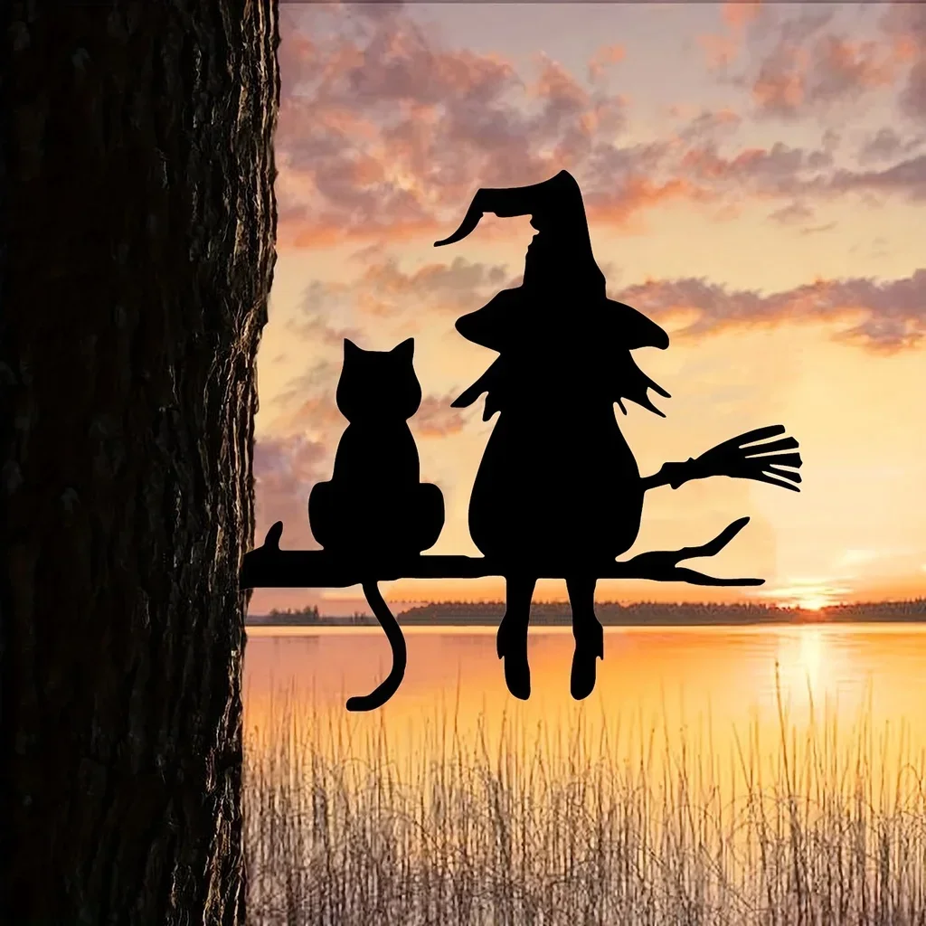 Metal Iron Silhouette Cute Witch and Cat Garden Stake on The Branch Yard Art Decor, Tree Stump Plug-in,Garden Lawn Courtyard