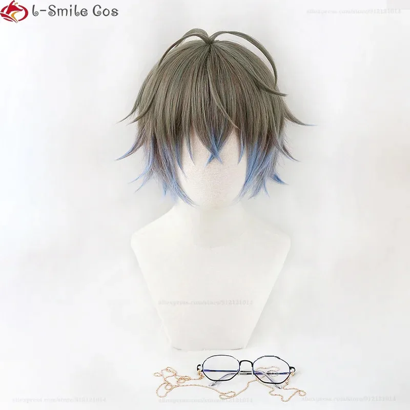 Qq38alta calidad VTuber NIJISANJI Luxiem Ike Eveland Cosplay peluca gris marrón degradado azul claro pelo sintético resistente al calor Wi
