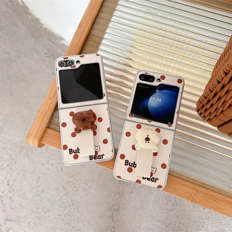 

Cute Cartoon Bear Ring Buckle Phone Case for Samsung Galaxy Z Flip 3 4 5 6 Hard PC Back Cover for ZFlip5 ZFlip6 Case Shell