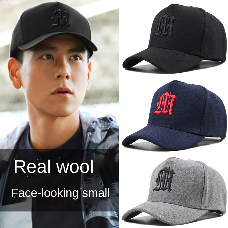 Baseball Cap For Men Autumn Winter Hat Tweed Hat Men\'s Big Head Circumference High Top Fashion Wool Shows Small Face Keep Warm