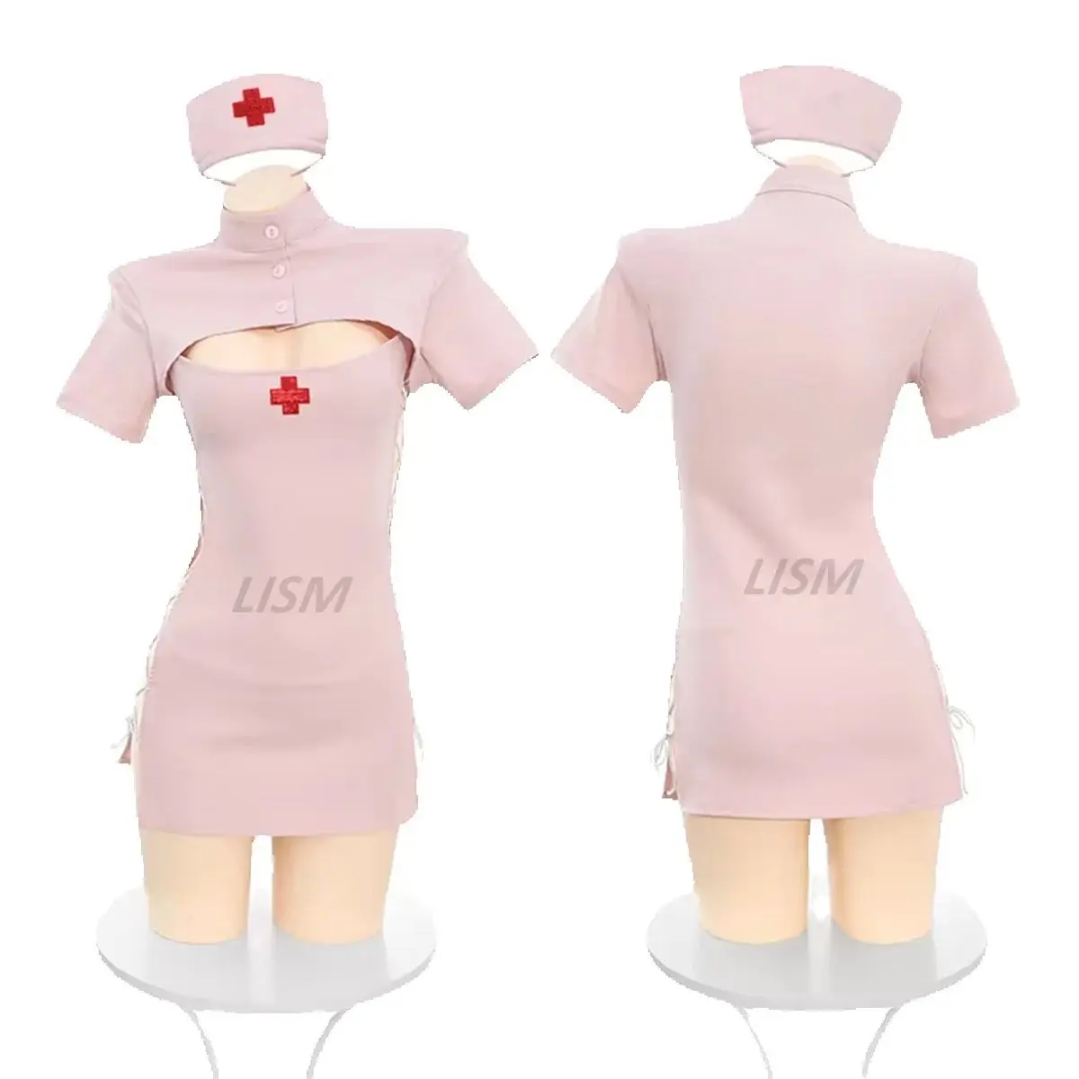 

Pink Nurse Cosplay Costume High Neck Hollow Out Bodycon Dress Cross Hat Sexy Lingerie Uniform for Women Party Role Play Outfit
