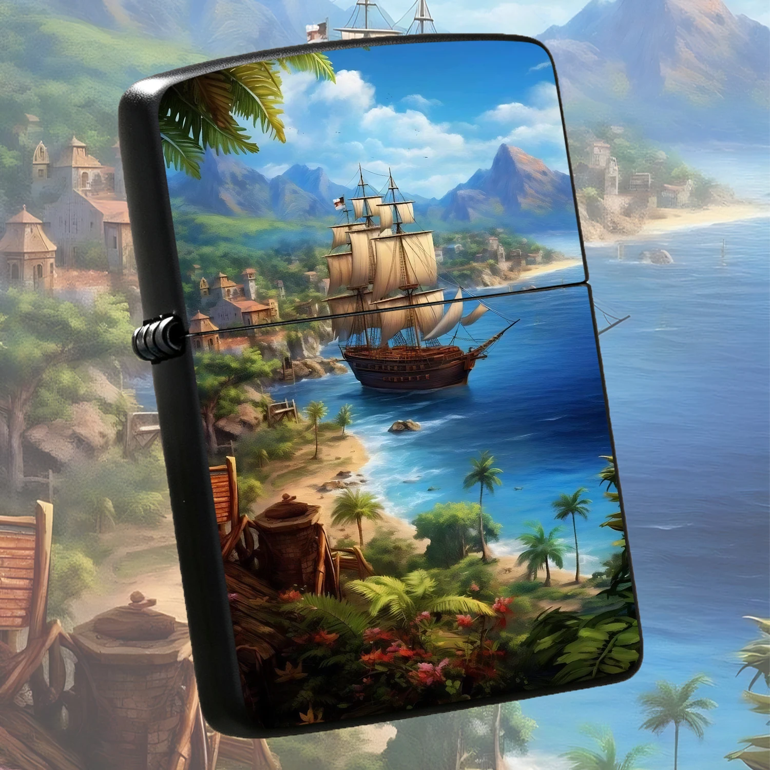 Vintage Caribbean Harbor Sailing Pattern Lighter, Exotic Tropical Coastal Mountain Sea Scenery Design, Portable Delicate Daily Use Ignition Tool, Ideal For Travel Home Decor, Gifting To Friends Collectors, Suitable For All Kinds Of Daily Sc
