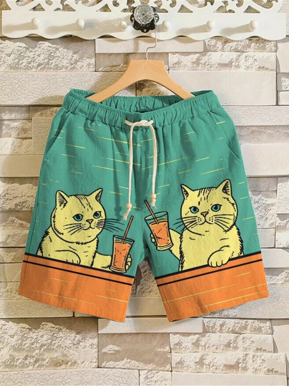 

Cheers Time Cute Cat Urban Style Shorts Summer Cool Chic Cartoon Animal Beachwear Men Streetwear Unisex Couple Casual Clothing