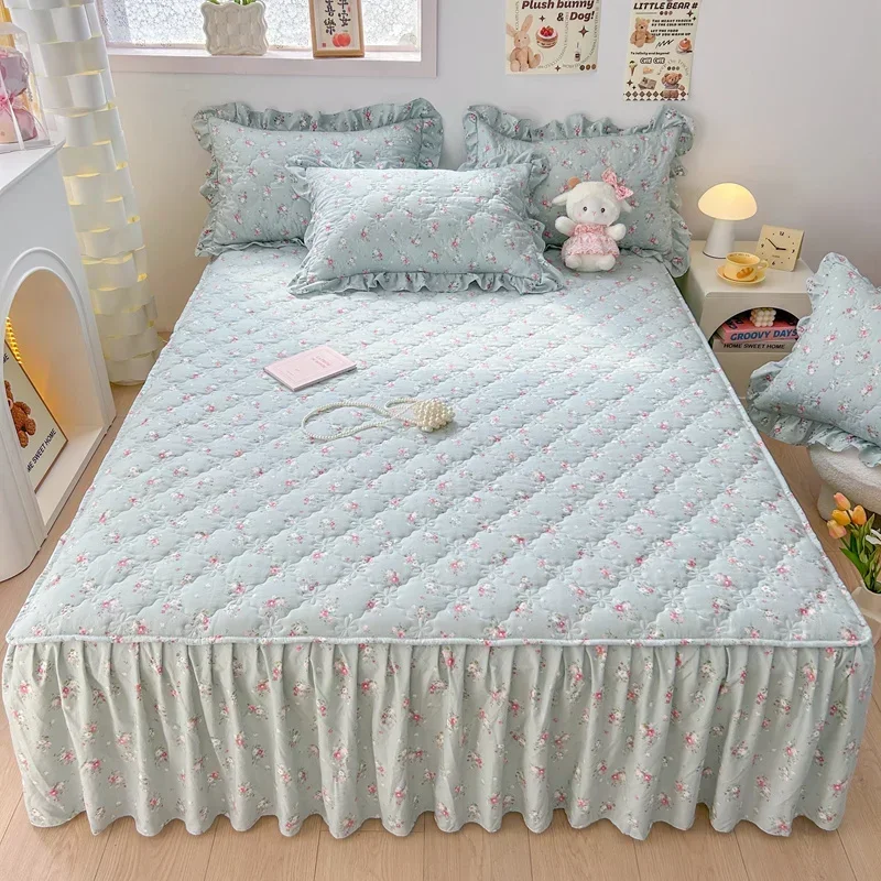 

1pc Quilted Bed Skirt Four Corners With Elastic Flower Printed Thickened Mattress Bed Skirt Single/Queen/King Bed Sheet Skirt