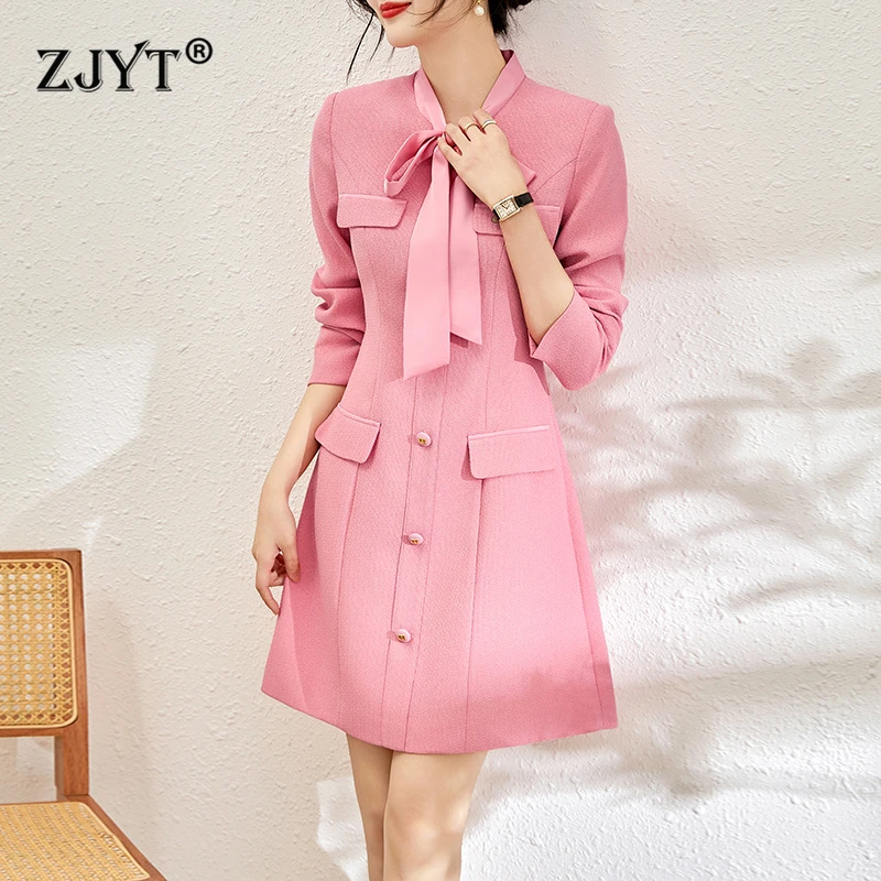 

ZJYT New Arrivals Spring Dresses for Women 2024 Long Sleeve Elegant Bow Collar Pink Sweet Dress Solid Casual Daily Vestidos Robe