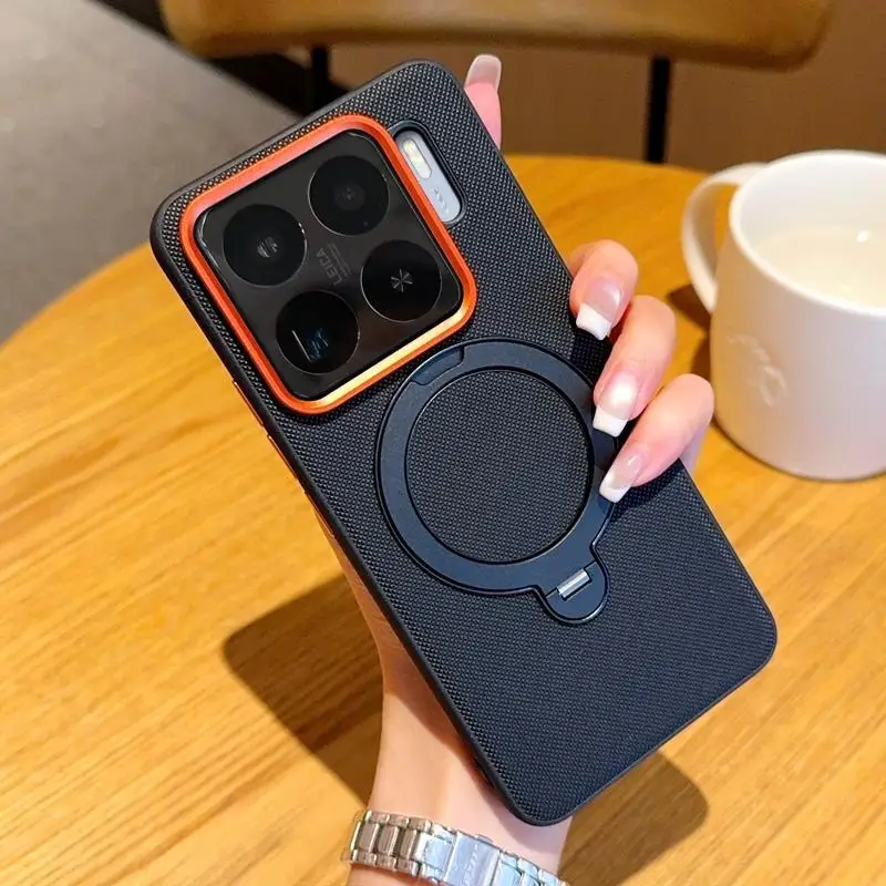 

360 магнитных металлических кольцев кольца держатель телефона для Xiaomi 15s Pro 14/15 ультра 14 15 Pro оранжевые металлические кнопки кожаная крышка