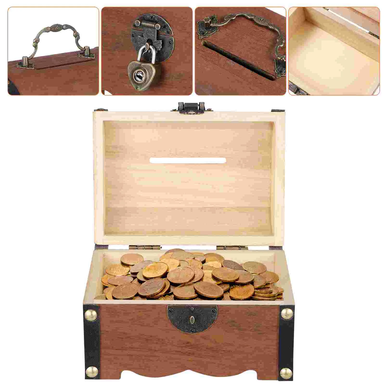 VORCOOL Wooden Treasure Chest Box Money Saving Box Coin Bank Piggy Bank Decorative Wooden Storage Box with Lock