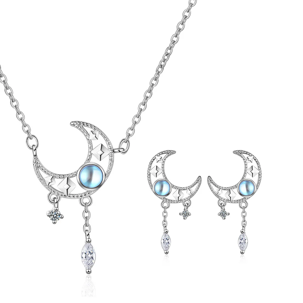 925 Sterling Silver Crystal Moon Jewelry Set Women\'s Beautiful Elegant Necklace Stud Earrings Engagement Jewelry Gifts for Women