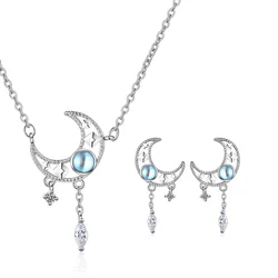 925 Sterling Silver Crystal Moon Jewelry Set Women's Beautiful Elegant Necklace Stud Earrings Engagement Jewelry Gifts for Women