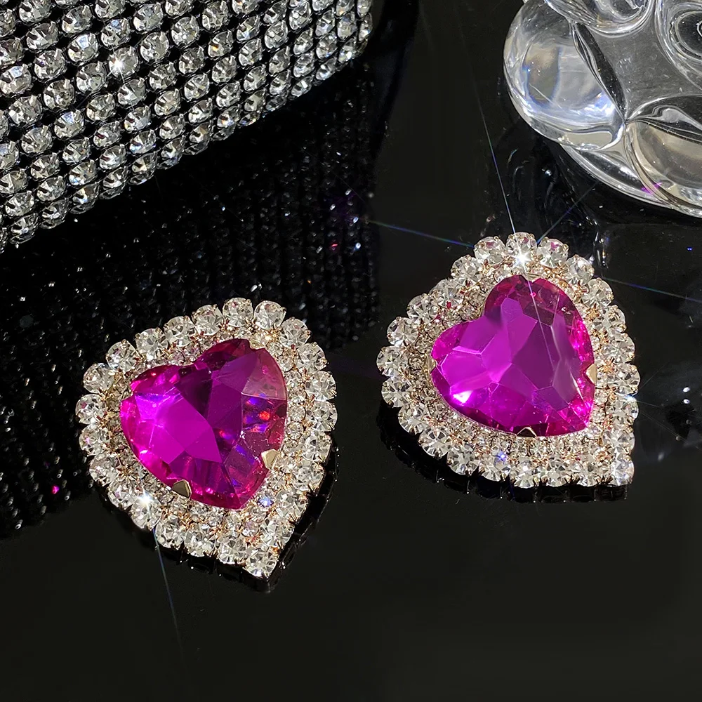 Freetry Luxury Full Rhinestone Heart Stud Earrings for Women Romantic Sparkling Hot Pink Love Earrings Engagement Jewelry