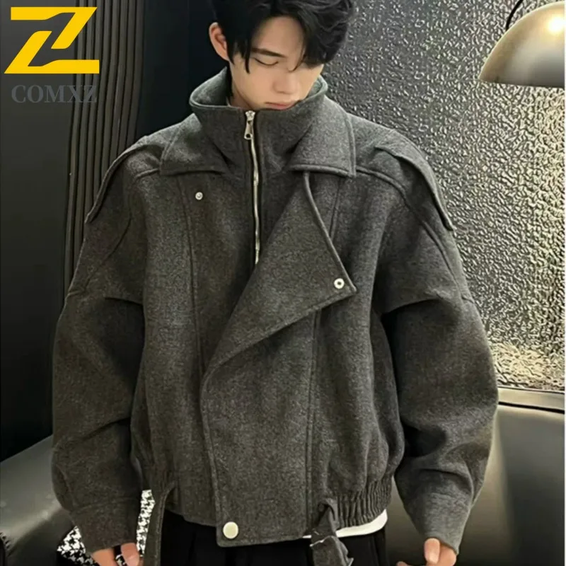 

COMXZ 2025 Новая мужская лоскутная волнистая текстура куртка с двойным воротником байкерская искусственная двухсекционная шерстяная верхняя одежда в стиле ретро модная для улицы